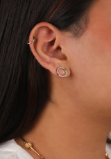 In Between Circles - Diamond and Emerald 14k Gold Stud Earrings (Large)