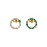 In Between Circles - Diamond and Emerald 14k Gold Stud Earrings (Large)