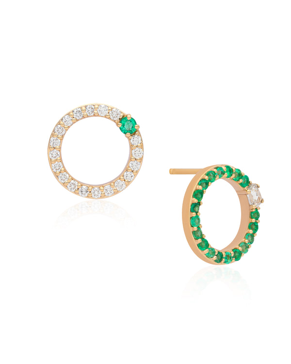 In Between Circles - Diamond and Emerald Stud Earrings (Large)