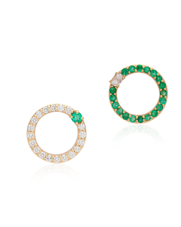 In Between Circles - Diamond and Emerald Stud Earrings (Large)