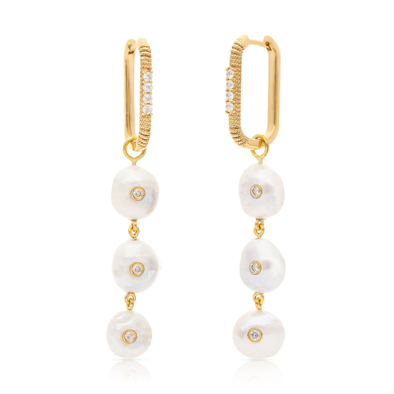 Kora Gold Link Hoops with Diamond encrusted Organic Pearls
